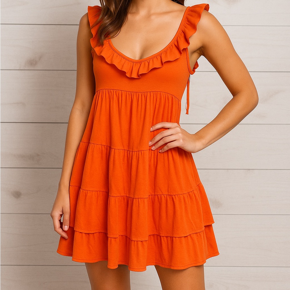 LaROK Orange Ruffle Tiered Mini Dress XS